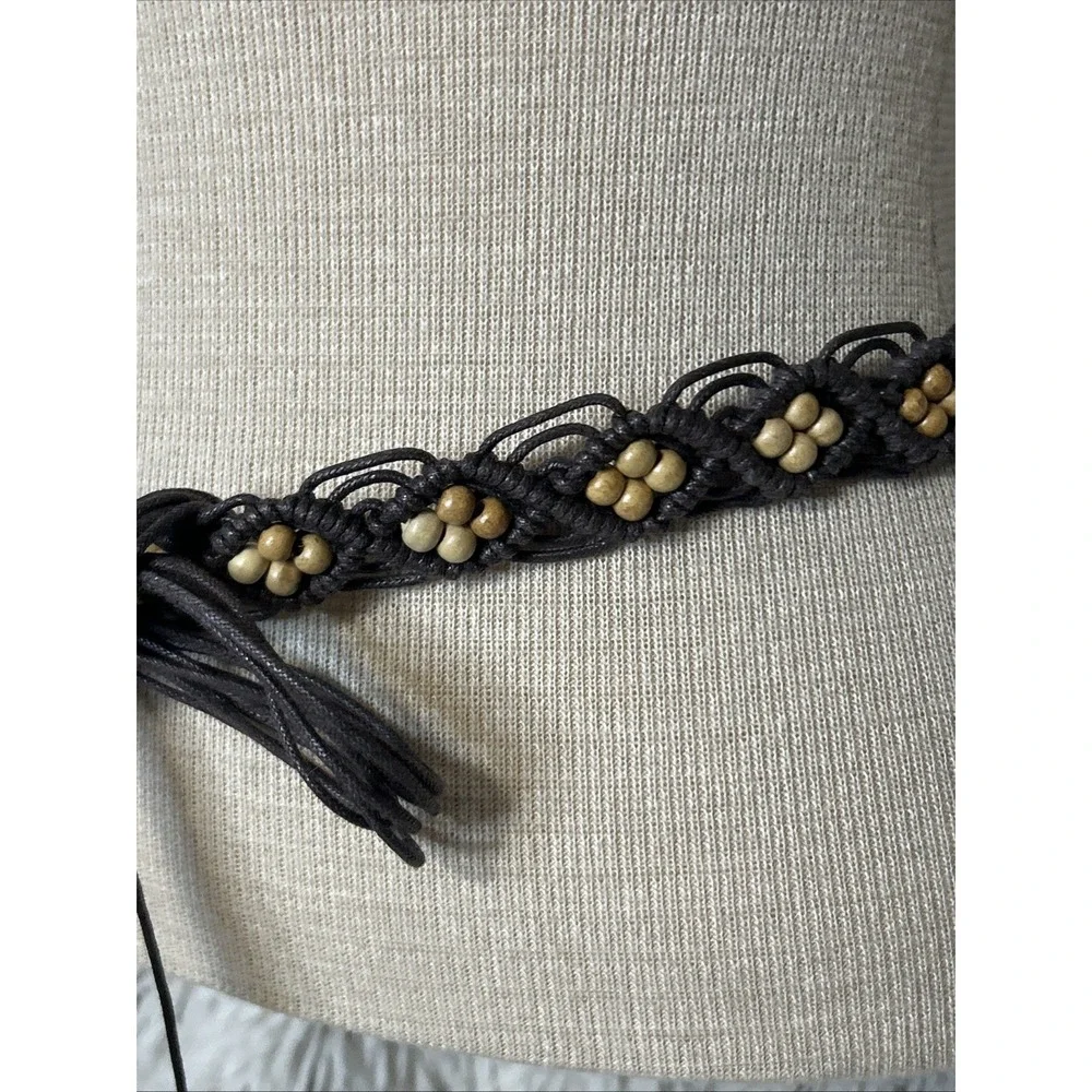 Vtg Macrame Wood Beaded Waist Tie Belt Fringe Dark Brown Hippie Boho 32